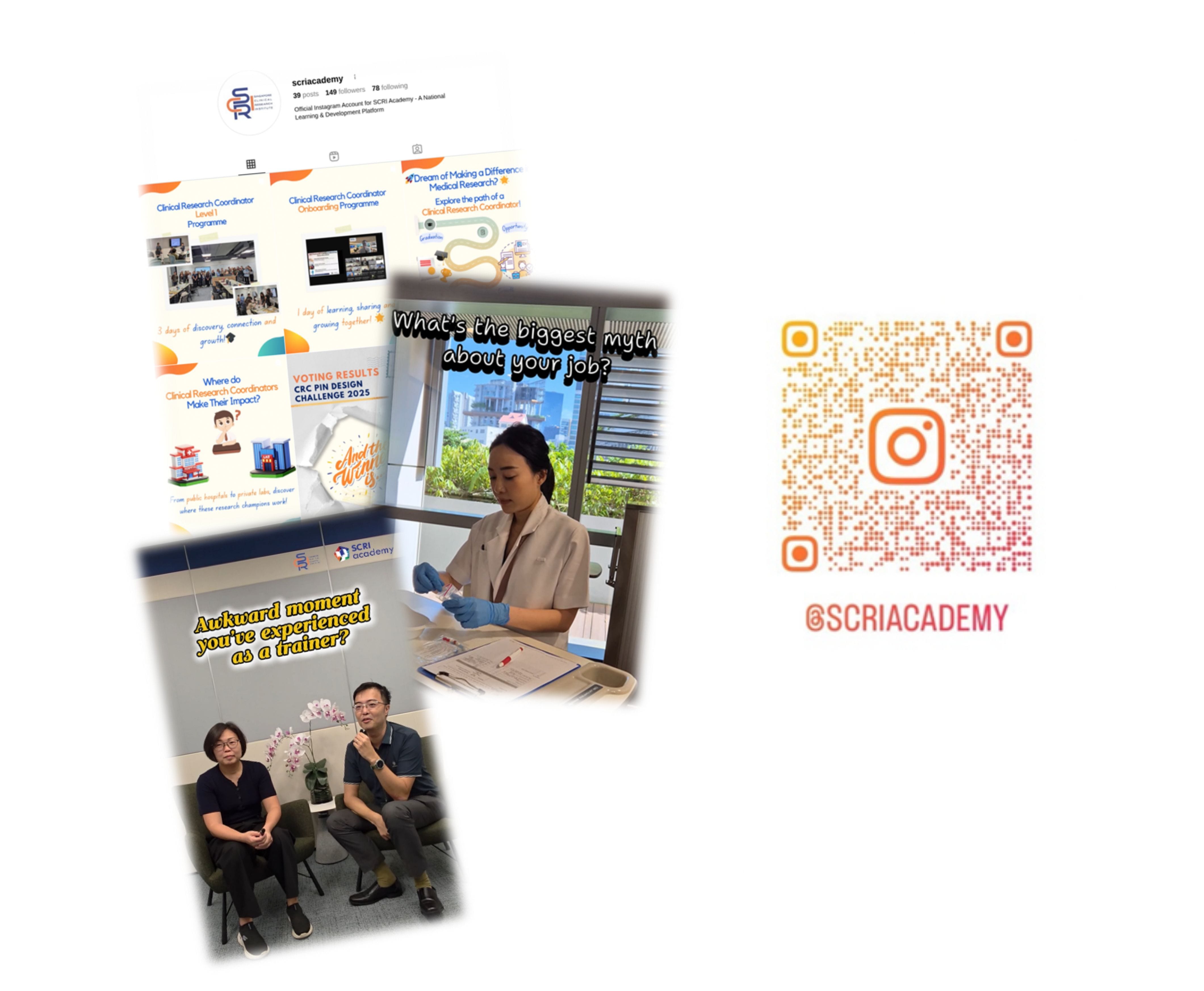 Instagram collage with posts, a lab worker, two seated people, and a QR code labeled @SCRIACADEMY
